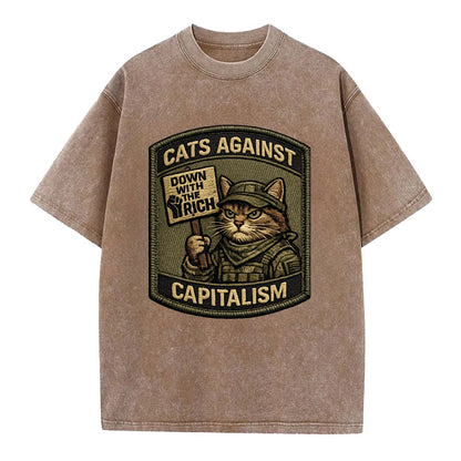 CATS AGAINST CAPITALISM - cat with protest sign in red , political cat - Vintage T-shirt - Brown