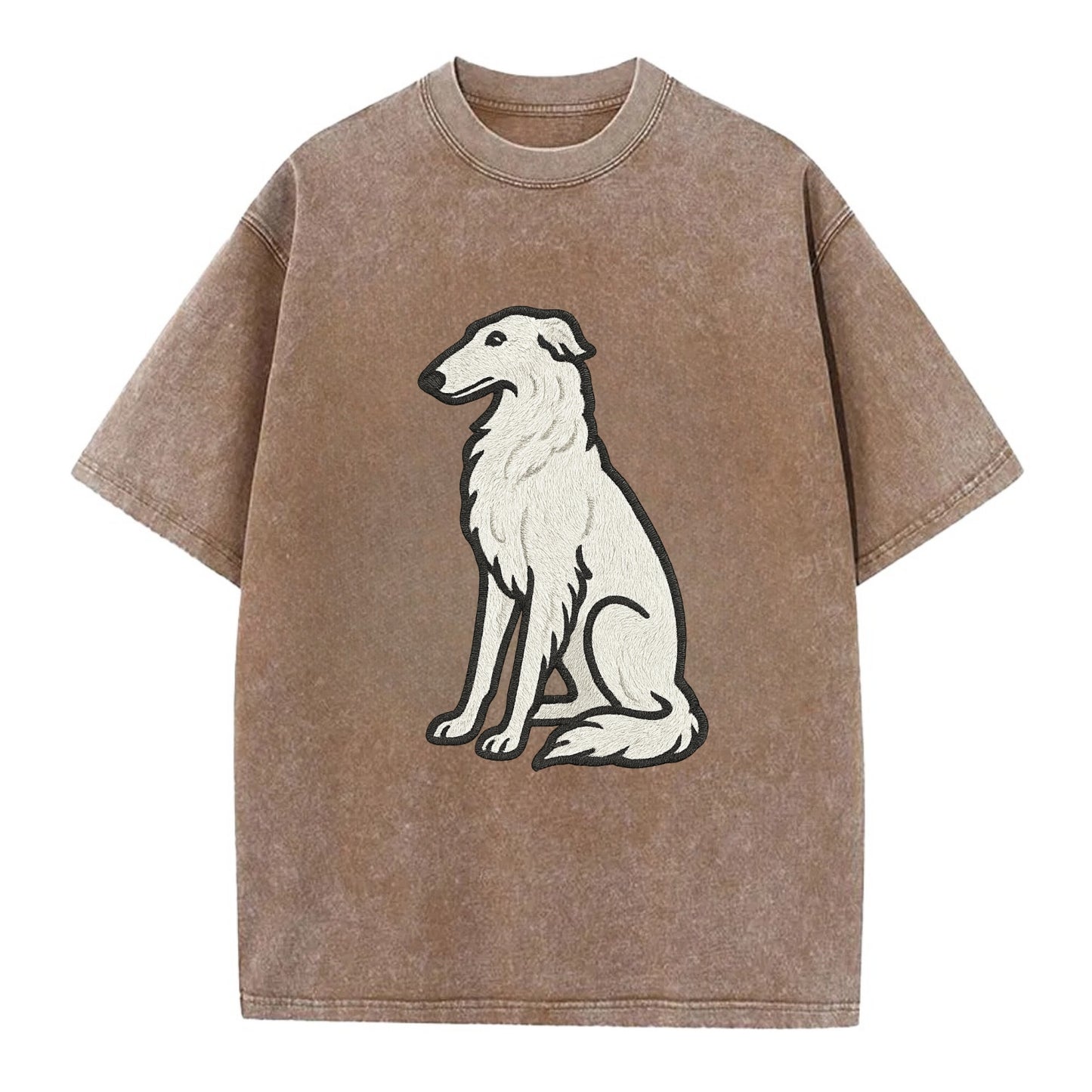 Borzoi - White embroidered sitting pose - Vintage T-shirt - Brown