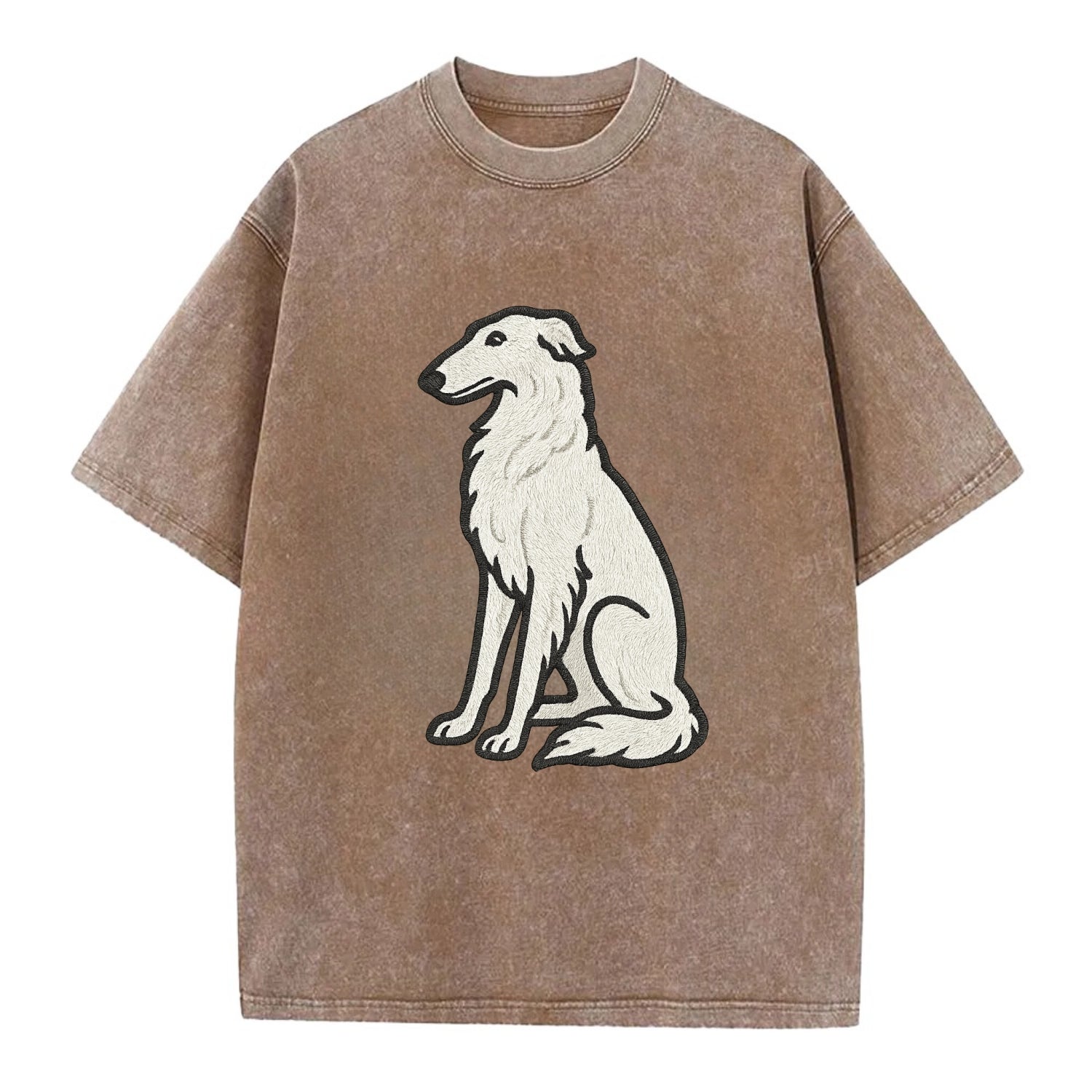 Borzoi - White embroidered sitting pose - Vintage T-shirt - Brown