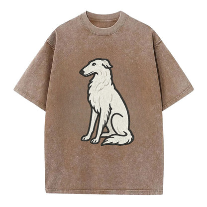 Borzoi - White embroidered sitting pose - Vintage T-shirt - Brown