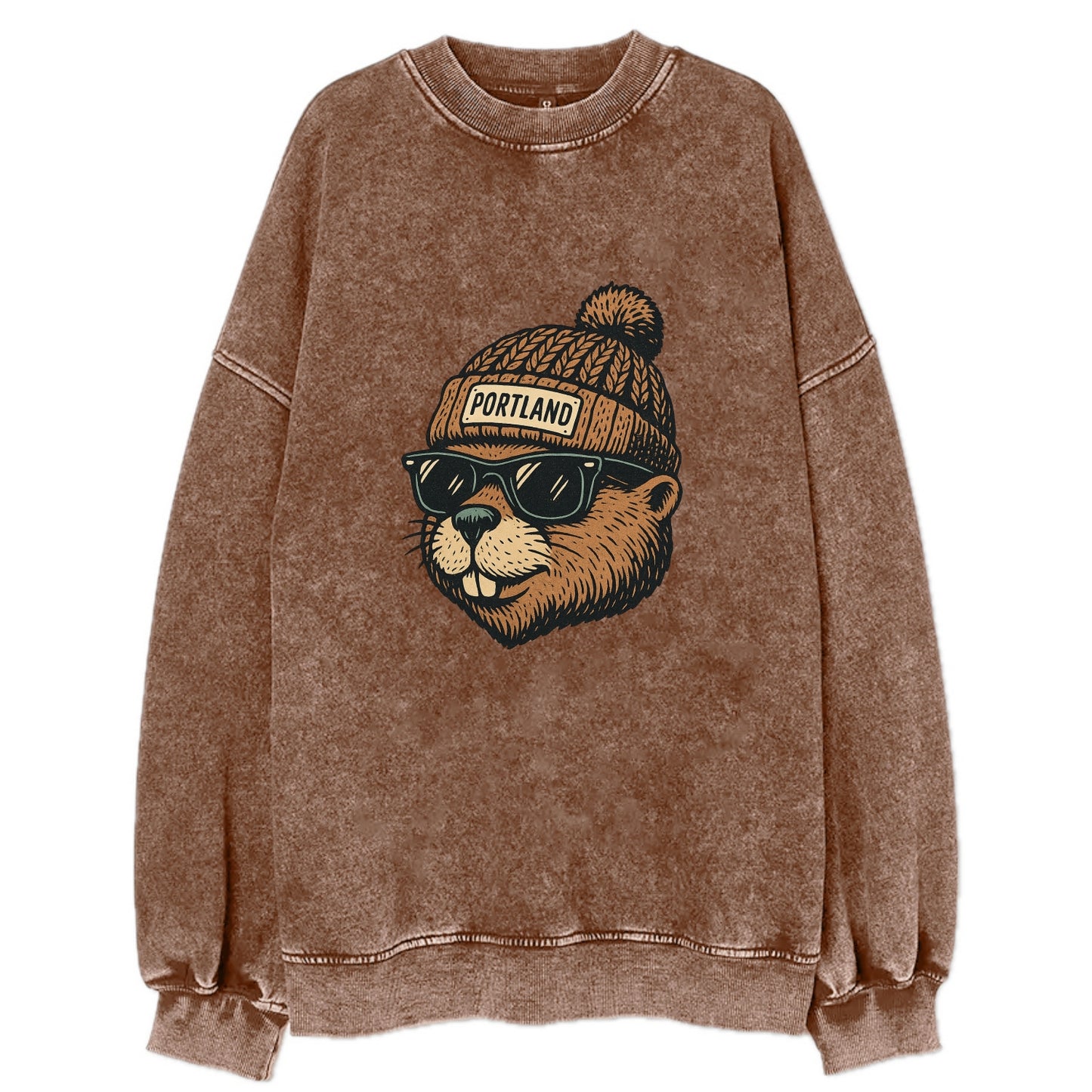 Portland Beaver wearing Portland beanie with pom pom and wayfarer sunglasses - Vintage Sweatshirt - Brown