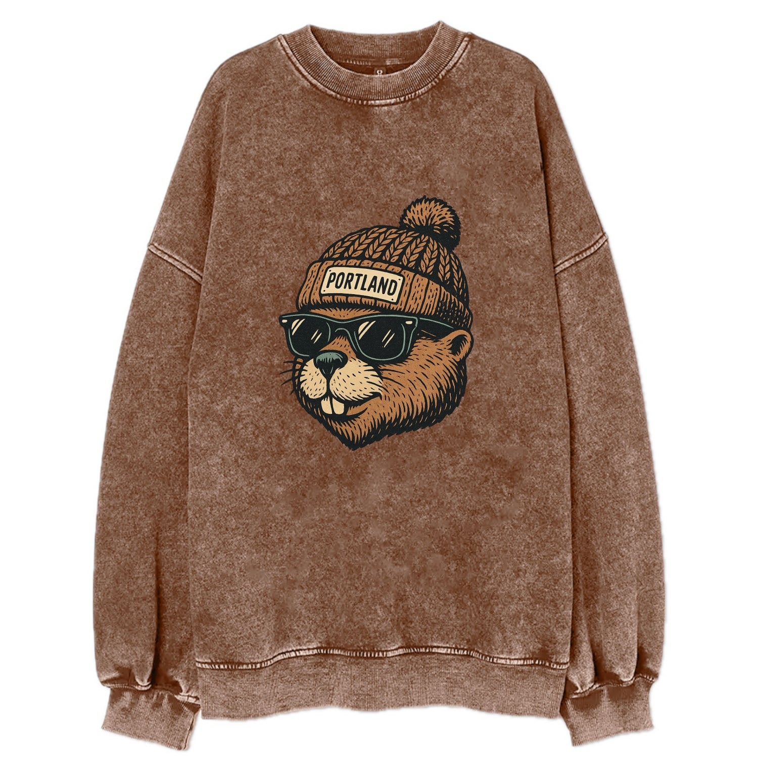 Portland Beaver wearing Portland beanie with pom pom and wayfarer sunglasses - Vintage Sweatshirt - Brown