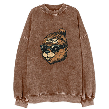 Portland Beaver wearing Portland beanie with pom pom and wayfarer sunglasses - Vintage Sweatshirt - Brown
