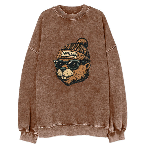 Portland Beaver wearing Portland beanie with pom pom and wayfarer sunglasses - Vintage Sweatshirt