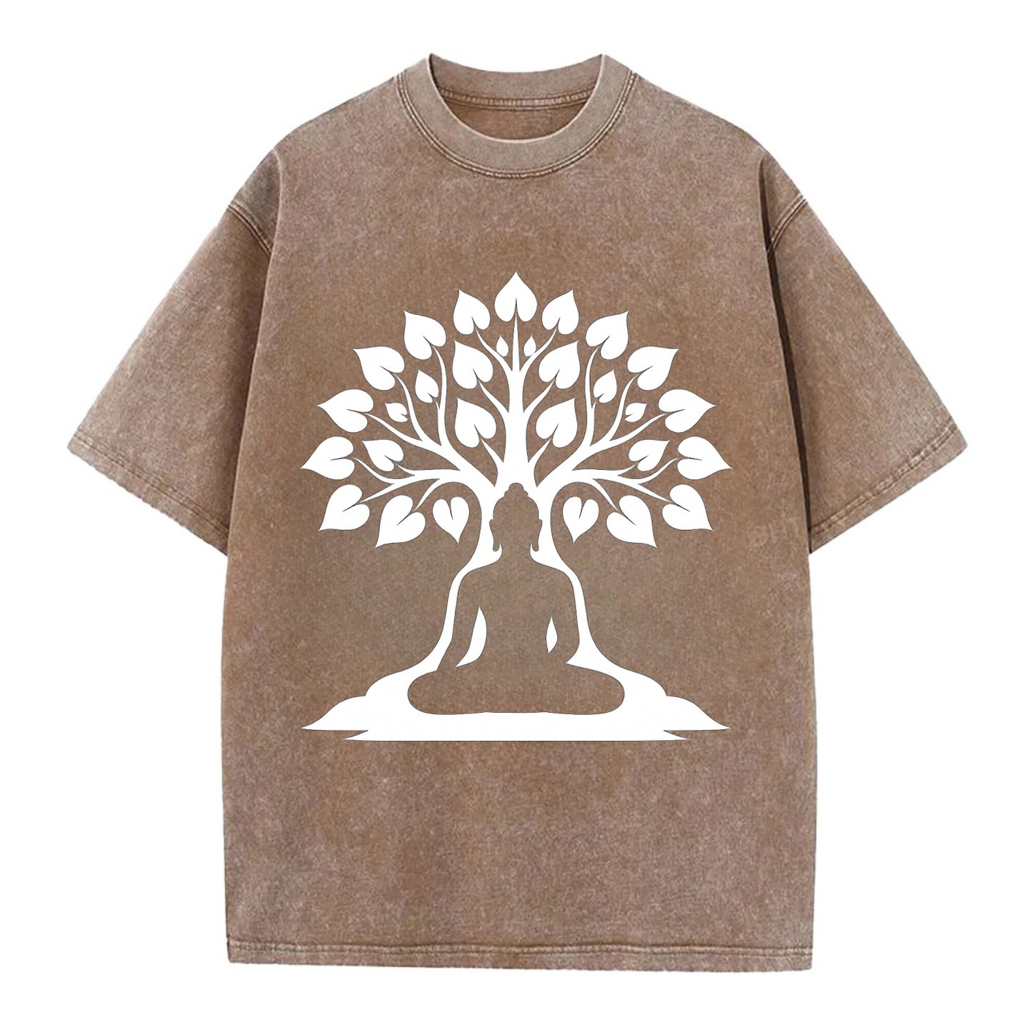 Buddha silhouette meditating - negative space forms bodhi tree - Vintage T-shirt - Brown