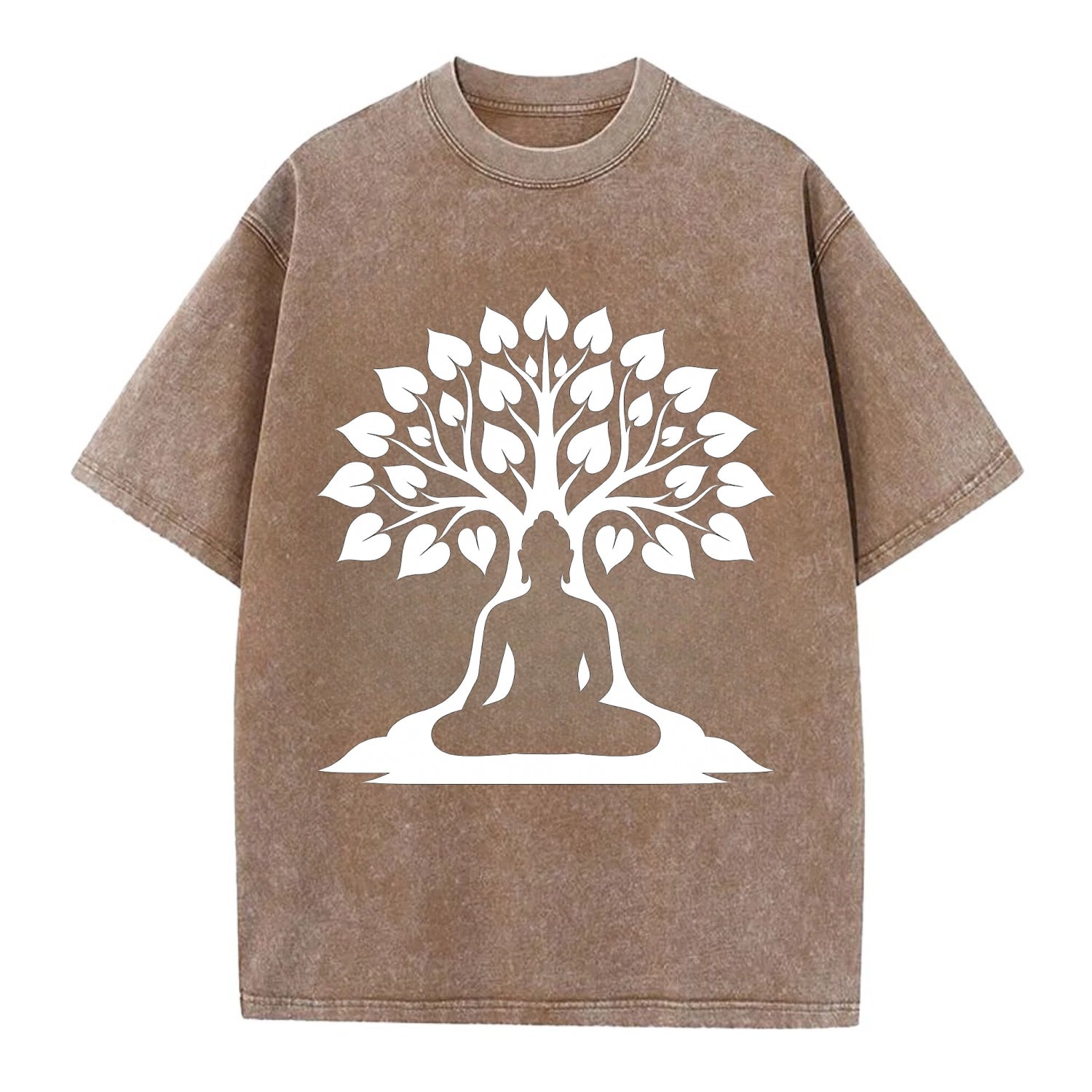 Buddha silhouette meditating - negative space forms bodhi tree - Vintage T-shirt - Brown