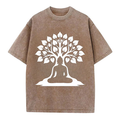 Buddha silhouette meditating - negative space forms bodhi tree - Vintage T-shirt - Brown
