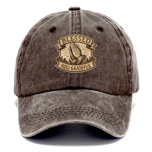 BLESSED AND GRATEFUL - praying hands with text in gold , thankful - Classic Cap - Brown