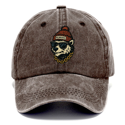 Milwaukee Badger wearing Milwaukee beanie with pom pom and wayfarer sunglasses - Classic Cap - Brown