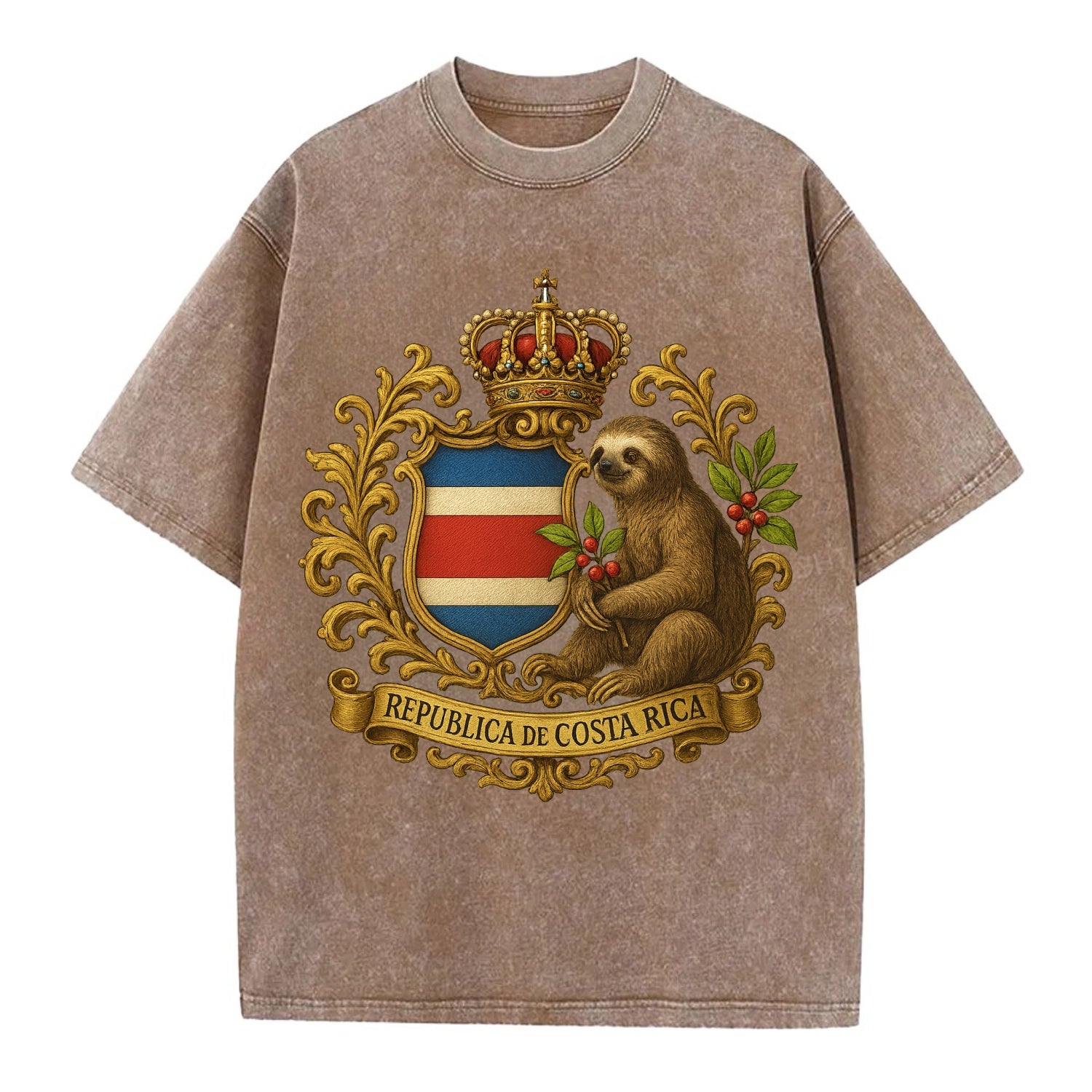 Costa Rica Sloth Emblem  - Vintage T-shirt - Brown