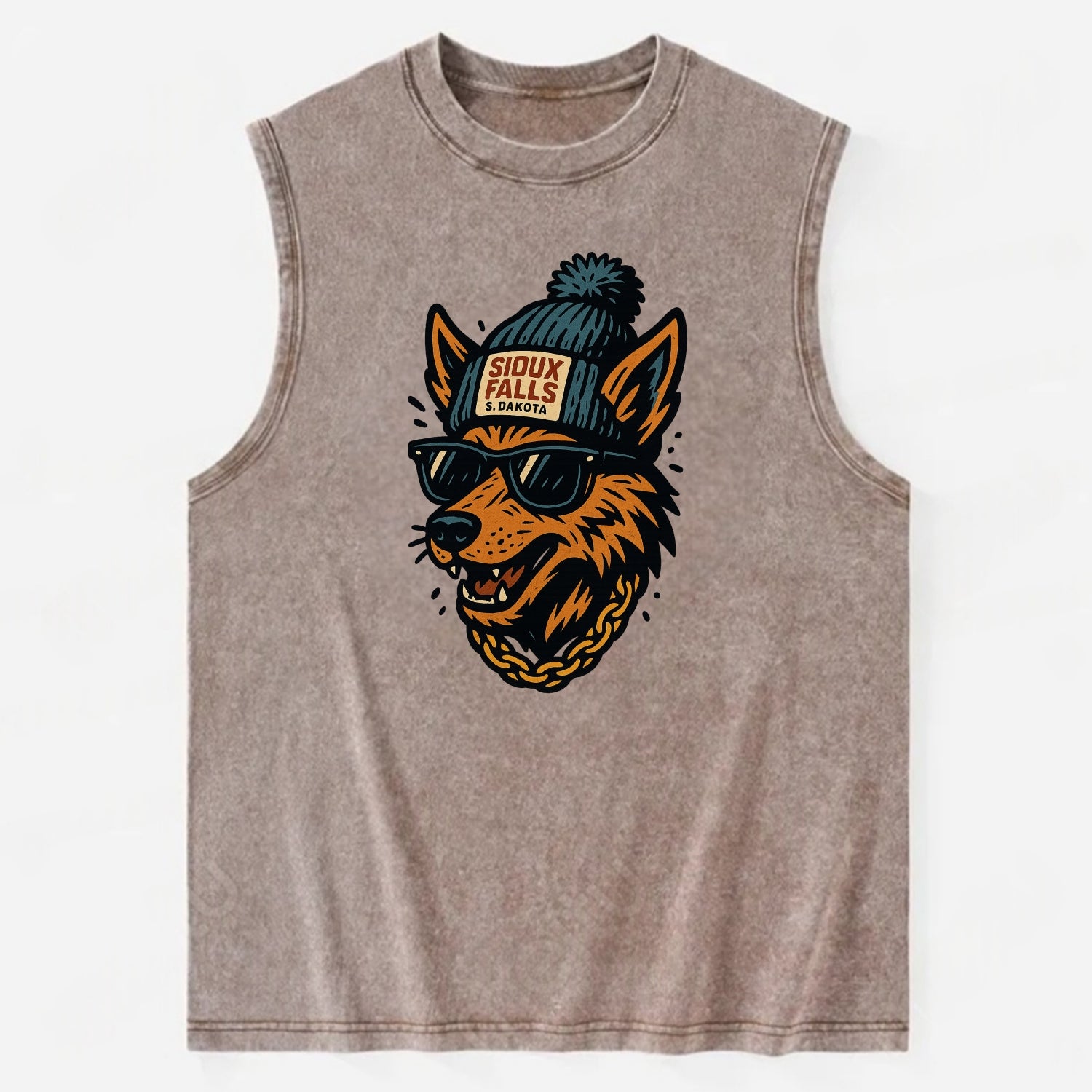 South Dakota Coyote wearing Sioux Falls beanie with pom pom and wayfarer - Vintage Washed Tank - Brown