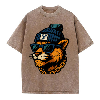 Provo Cougar wearing BYU beanie with Y patch - Vintage T-shirt - Brown