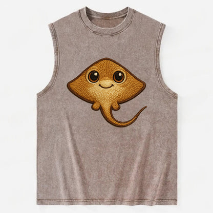 Baby Stingray - flat body, long tail, eyes on top, front-facing, friendly - Vintage Washed Tank - Brown