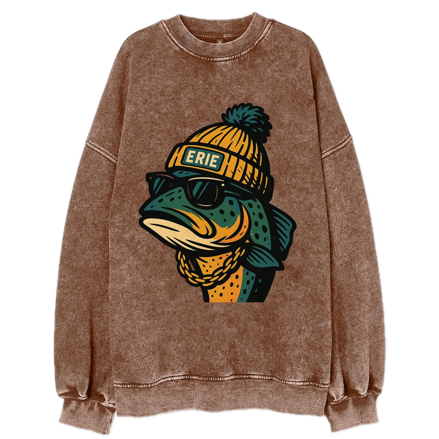 Erie Lake Trout wearing Erie beanie with pom pom and wayfarer sunglasses - Vintage Sweatshirt - Brown