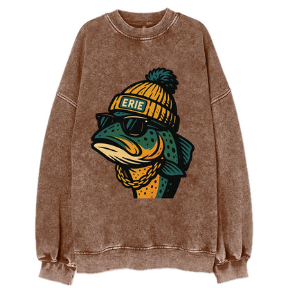 Erie Lake Trout wearing Erie beanie with pom pom and wayfarer sunglasses - Vintage Sweatshirt - Brown