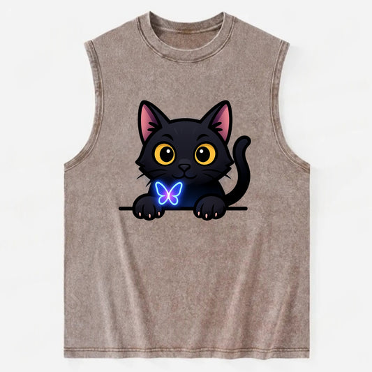 Midnight the black cat blowing a glossy bubblegum bubble while peeking. - Vintage Washed Tank - Brown