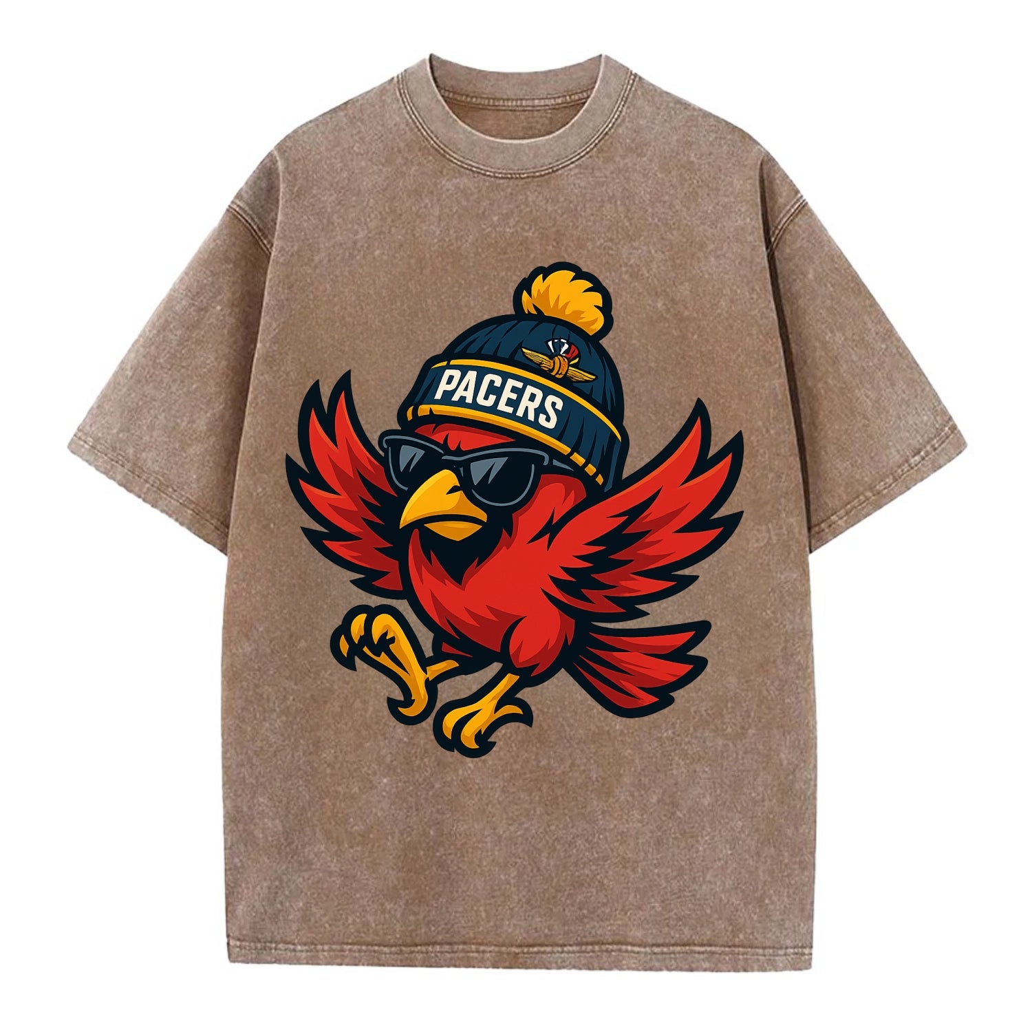 Indiana Cardinal wearing Pacers beanie with speedway patch and wayfarer sunglasses - Vintage T-shirt - Brown