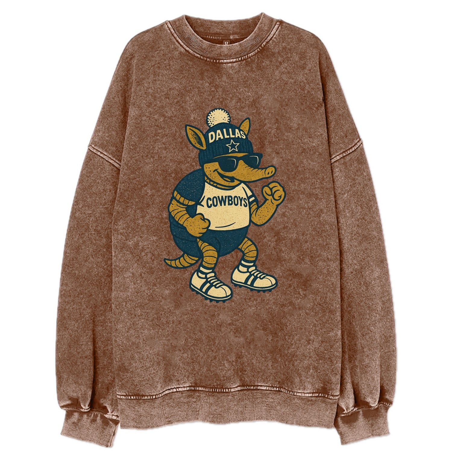 Dallas Armadillo wearing Cowboys beanie with lone star patch and wayfarer - Vintage Sweatshirt - Brown