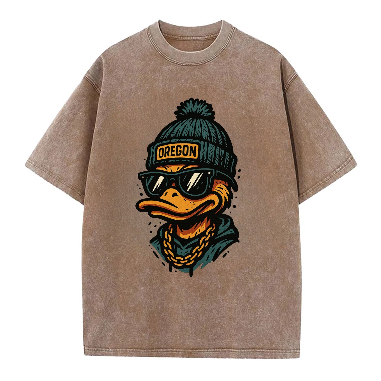 Eugene Duck wearing Oregon beanie with p - Vintage T-shirt - Brown
