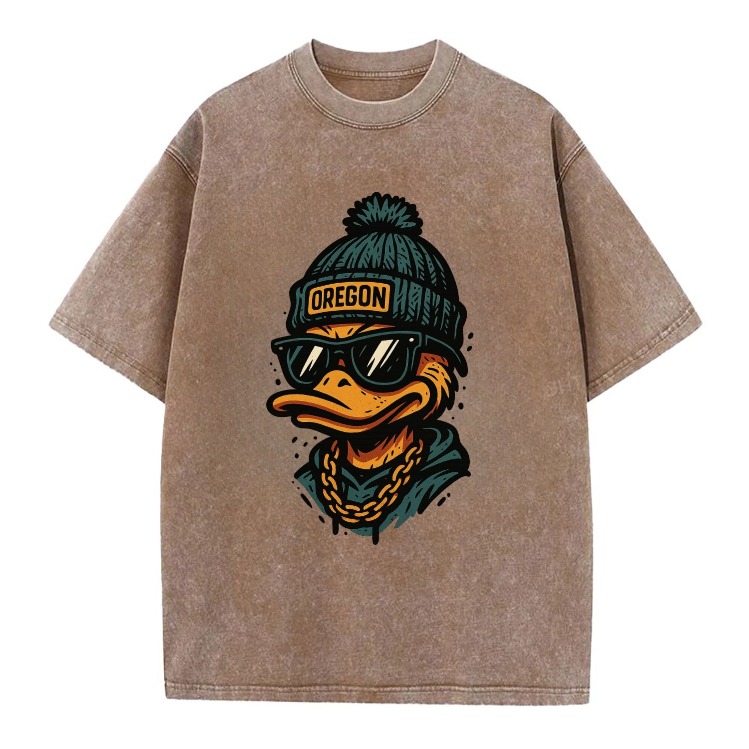 Eugene Duck wearing Oregon beanie with p - Vintage T-shirt - Brown