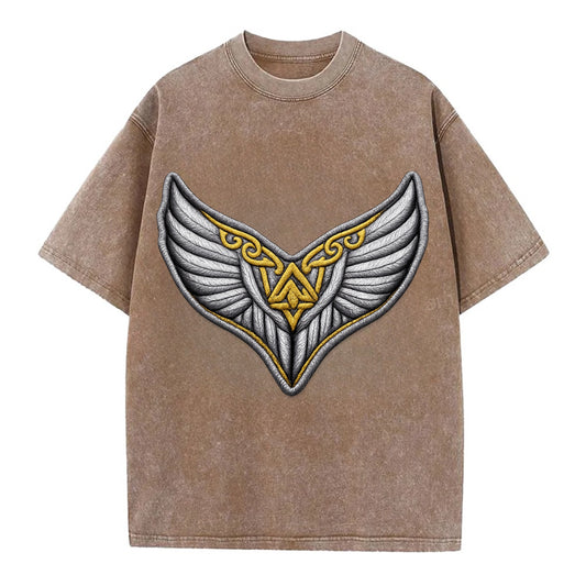 VALKYRIE WINGS - warrior maiden wings in silver and gold , Norse myth - Vintage T-shirt - Brown