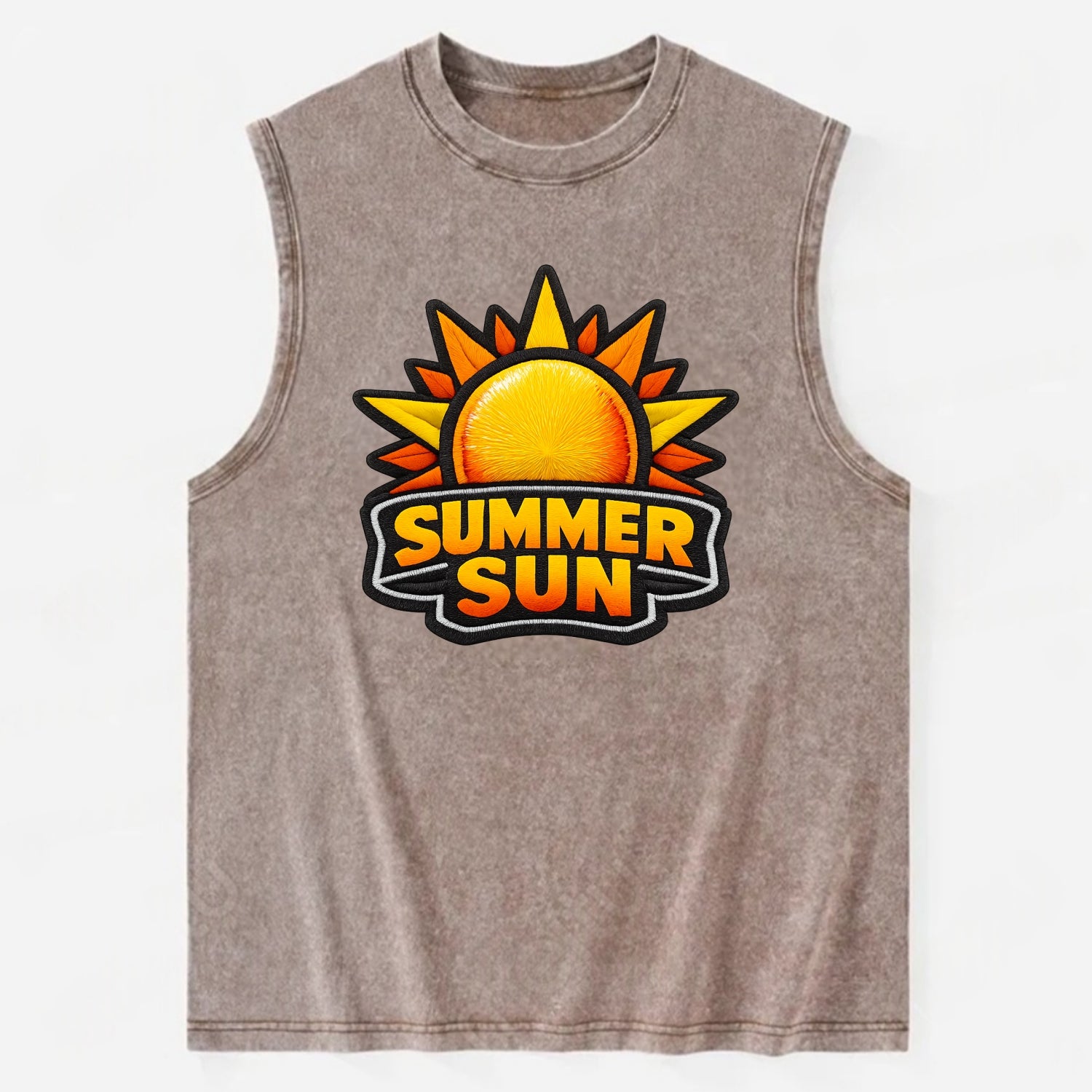SUMMER SUN - bright sun with rays in yellow and orange , hot season - Vintage Washed Tank - Brown