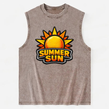 SUMMER SUN - bright sun with rays in yellow and orange , hot season - Vintage Washed Tank - Brown