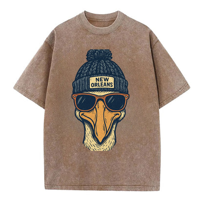 New Orleans Pelican wearing New Orleans beanie with pom pom and wayfarer - Vintage T-shirt - Brown