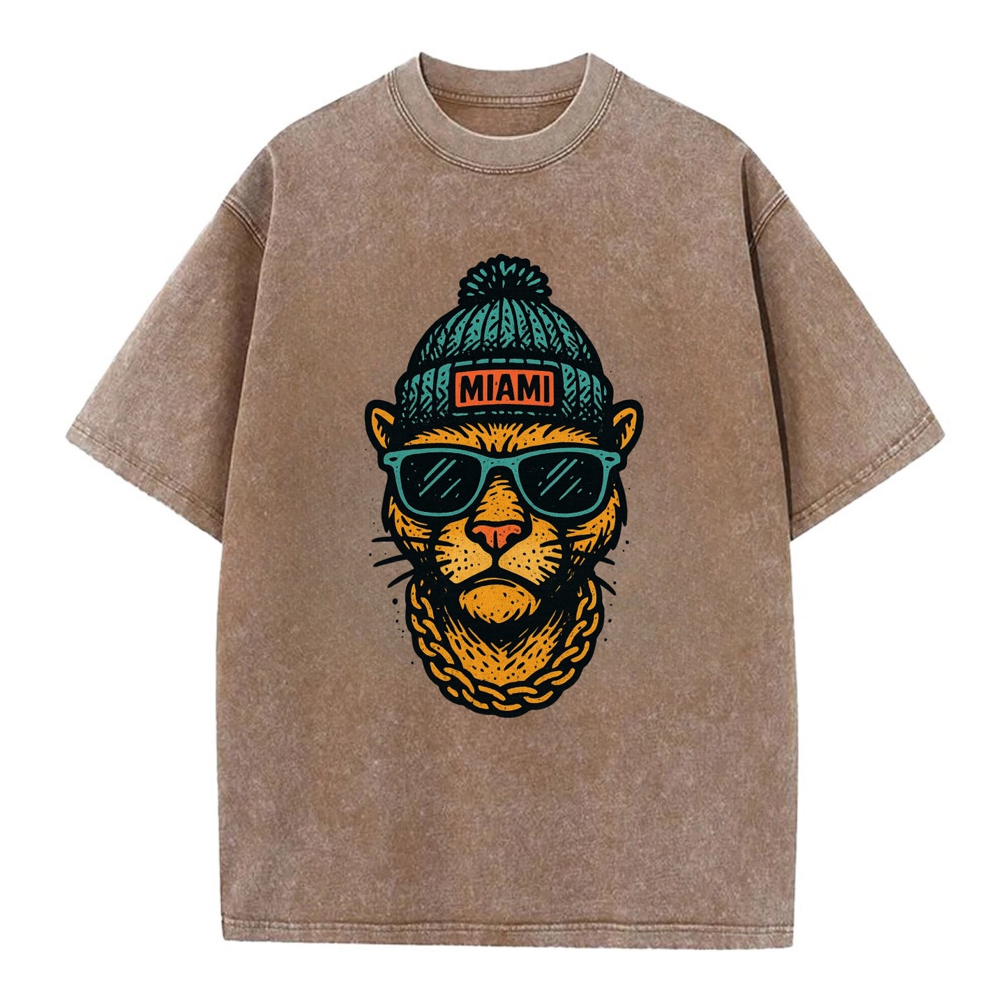 Florida Panther wearing Miami beanie with pom pom and wayfarer sunglasses - Vintage T-shirt - Brown