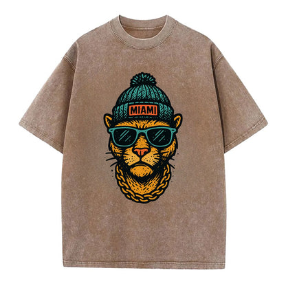 Florida Panther wearing Miami beanie with pom pom and wayfarer sunglasses - Vintage T-shirt - Brown