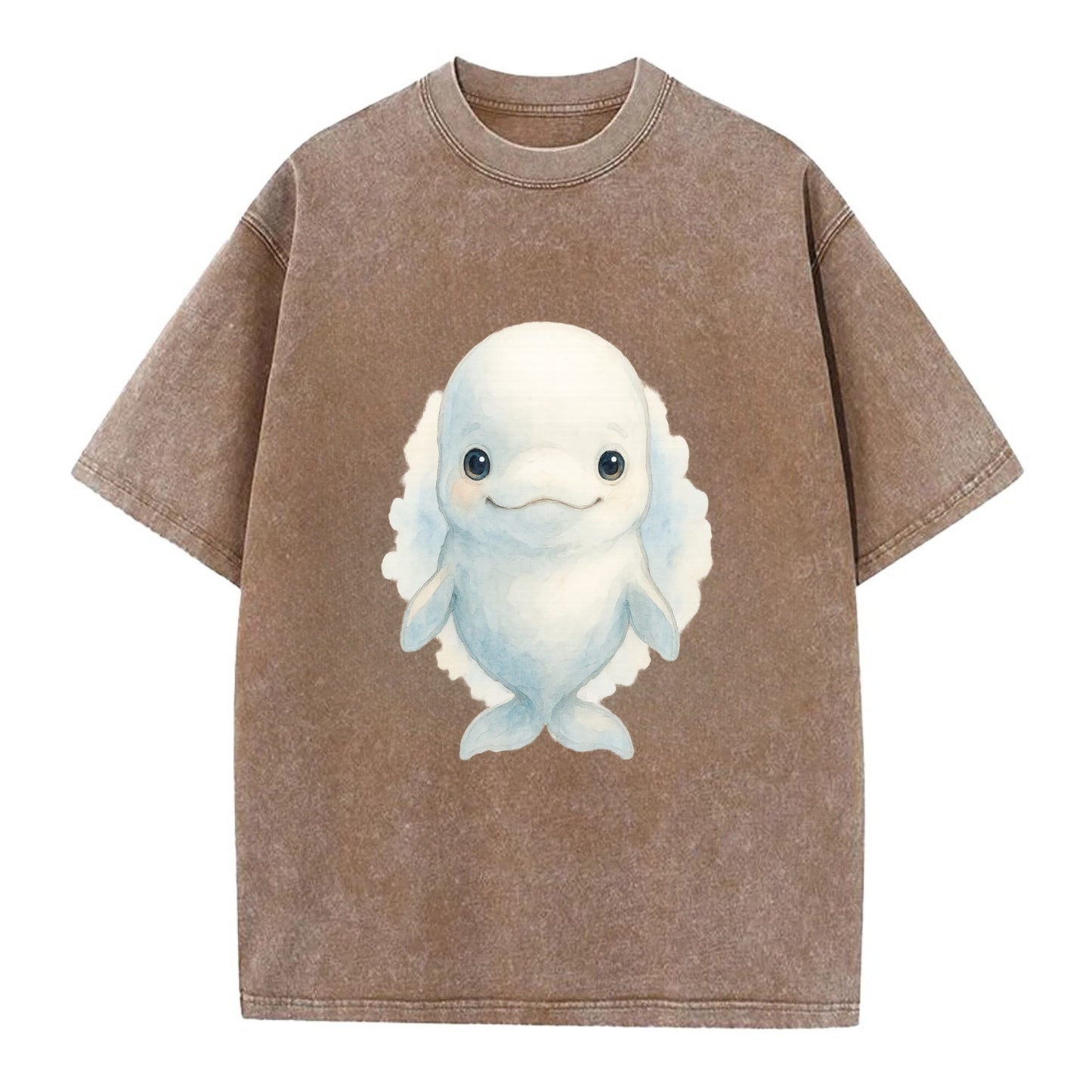 Baby Beluga Whale - pure white, rounded forehead, small eyes with big - Vintage T-shirt - Brown
