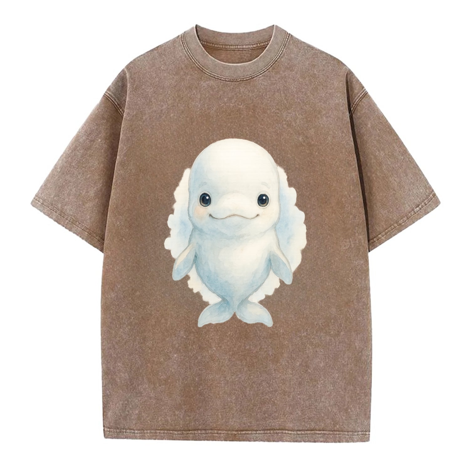 Baby Beluga Whale - pure white, rounded forehead, small eyes with big - Vintage T-shirt - Brown