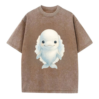 Baby Beluga Whale - pure white, rounded forehead, small eyes with big - Vintage T-shirt - Brown