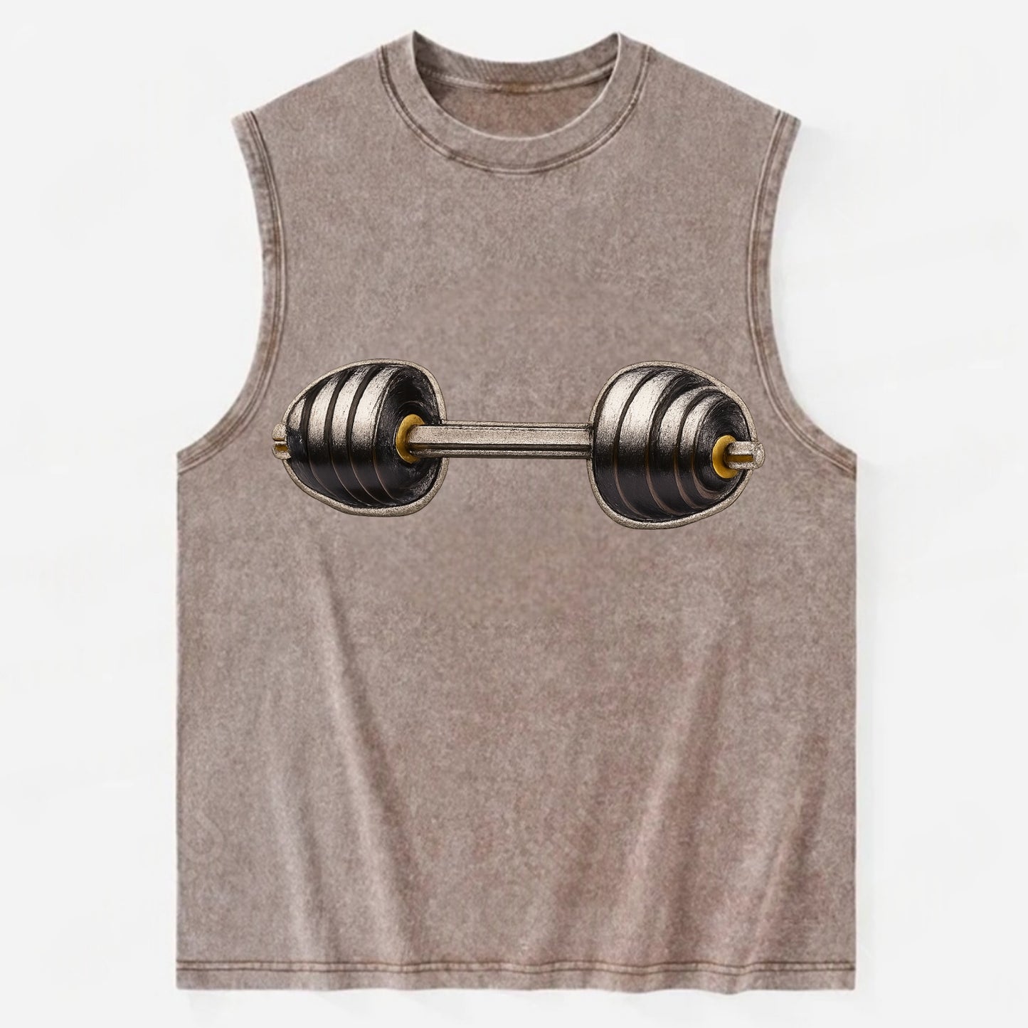 WEIGHTLIFTING BARBELL - heavy barbell with plates in silver and black , iron - Vintage Washed Tank - Brown