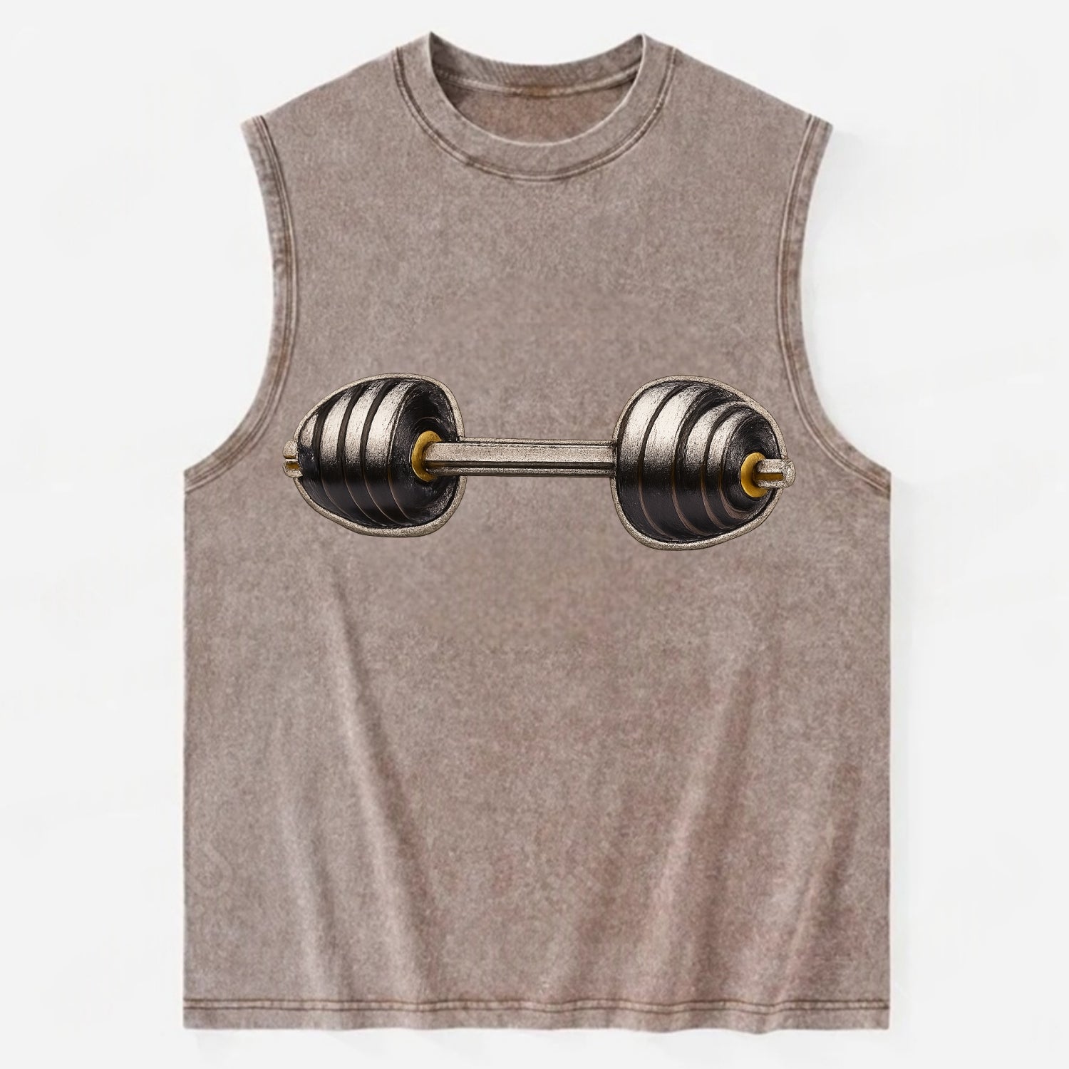 WEIGHTLIFTING BARBELL - heavy barbell with plates in silver and black , iron - Vintage Washed Tank - Brown