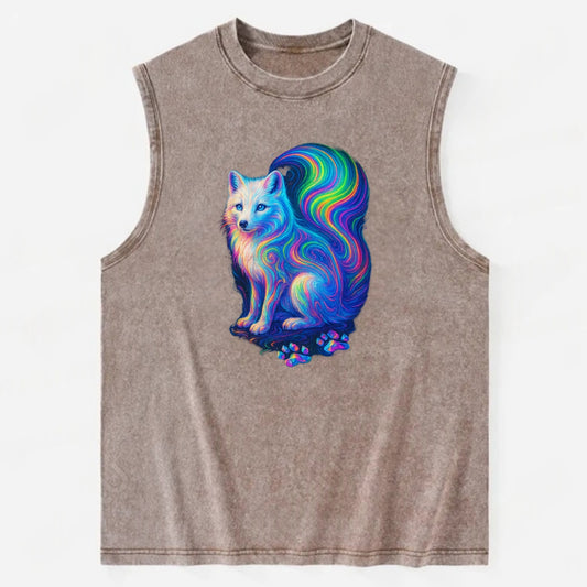 Graceful arctic fox with tail streaming aurora colors, white fur with - Vintage Washed Tank - Brown