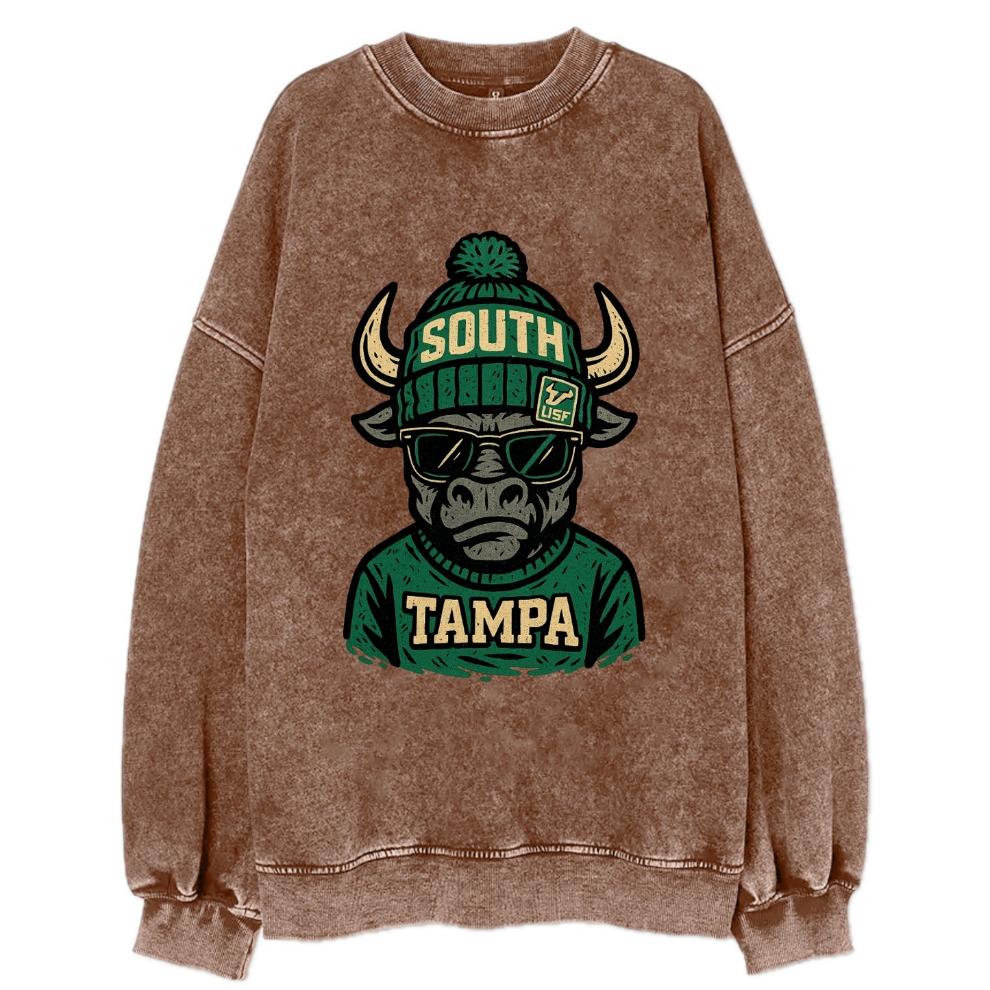 Tampa Bull wearing South Florida beanie with USF patch - Vintage Sweatshirt - Brown