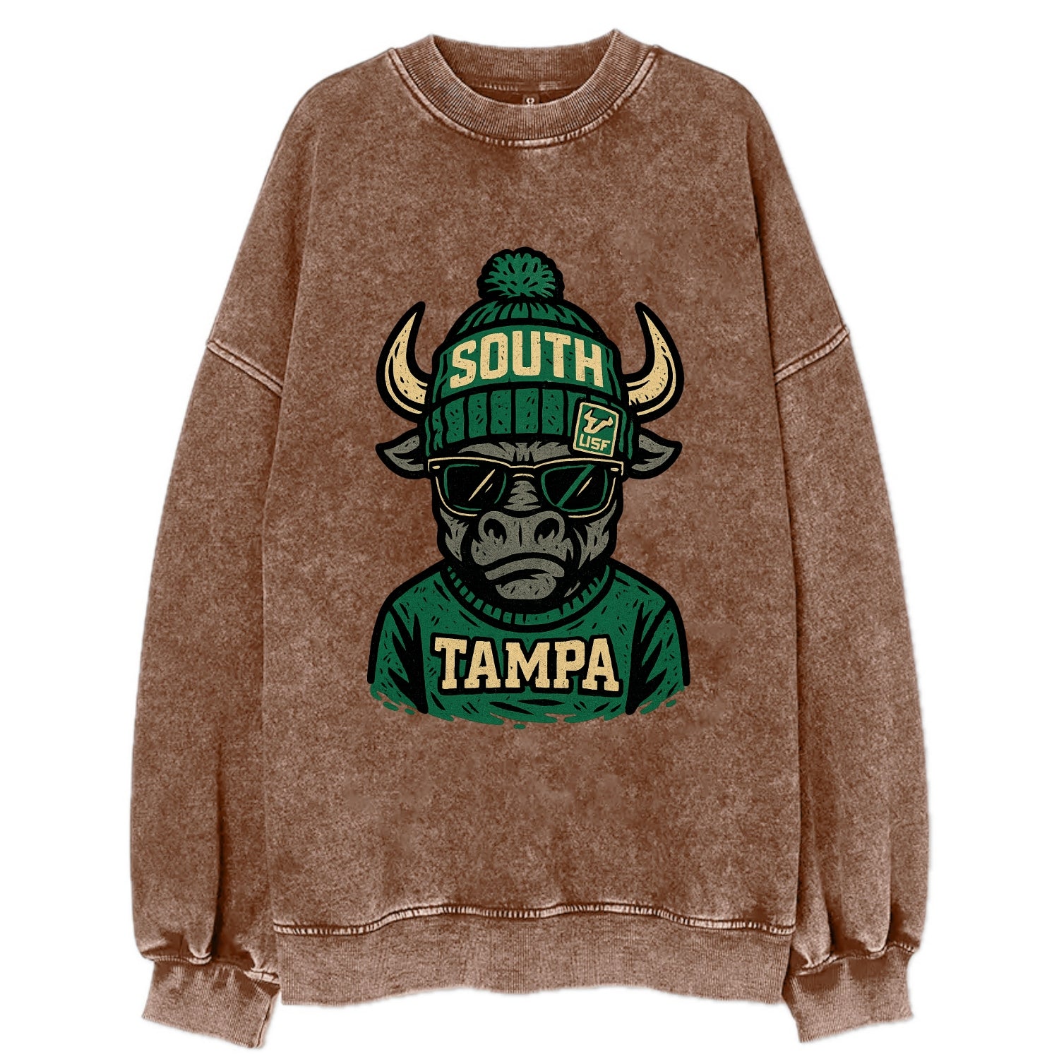 Tampa Bull wearing South Florida beanie with USF patch - Vintage Sweatshirt - Brown