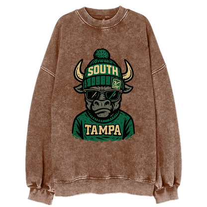 Tampa Bull wearing South Florida beanie with USF patch - Vintage Sweatshirt - Brown