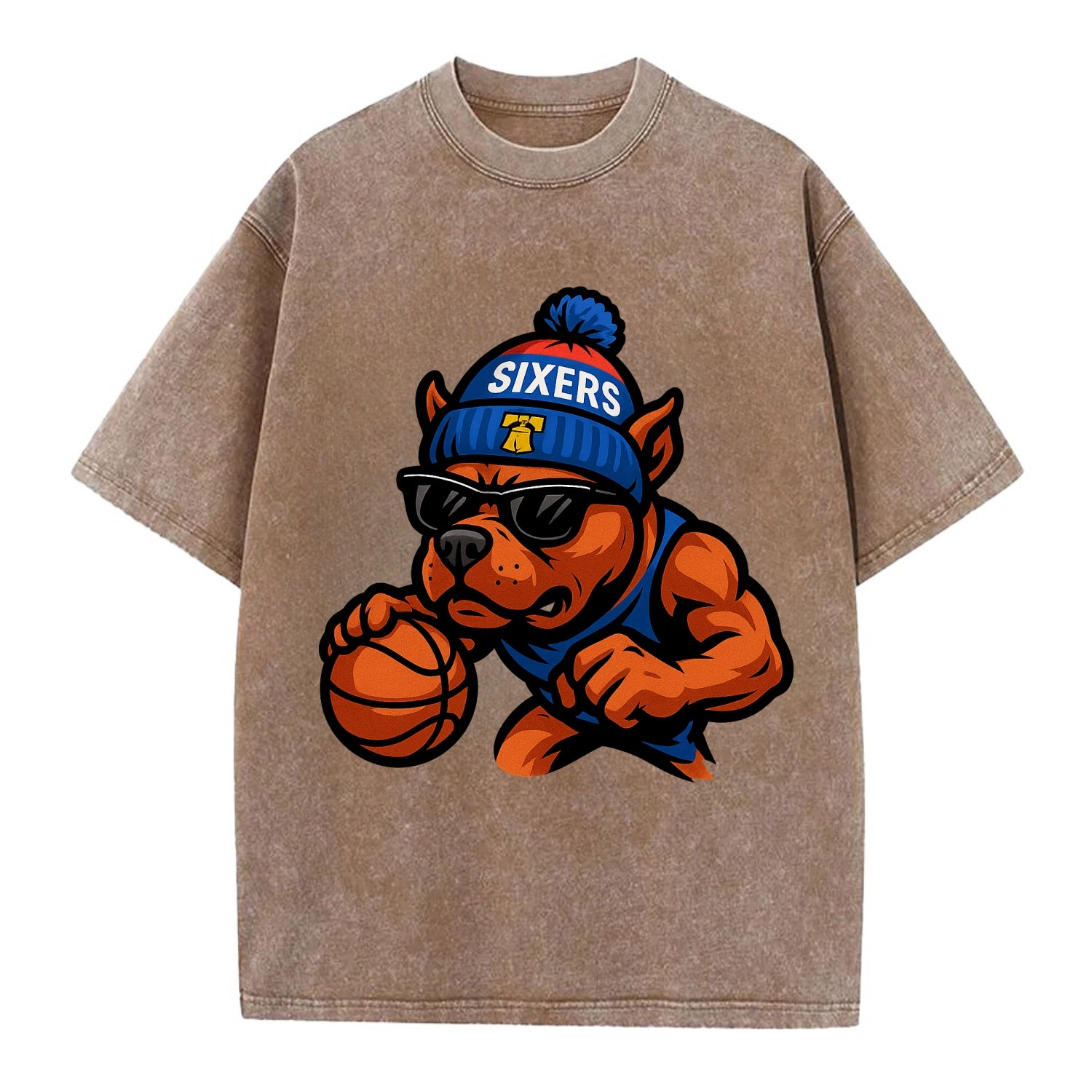 Philly Pitbull wearing Sixers beanie with Liberty Bell and wayfarer sunglasses - Vintage T-shirt - Brown