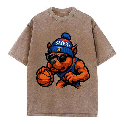 Philly Pitbull wearing Sixers beanie with Liberty Bell and wayfarer sunglasses - Vintage T-shirt - Brown