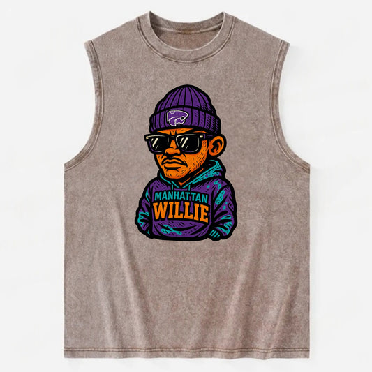 Manhattan Willie wearing Kansas State beanie with powercat patch - Vintage Washed Tank - Brown