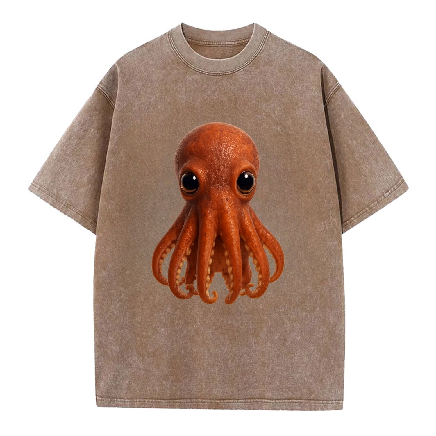 Baby Giant Pacific Octopus - reddish, smaller tentacles, expressive eyes, - Vintage T-shirt - Brown
