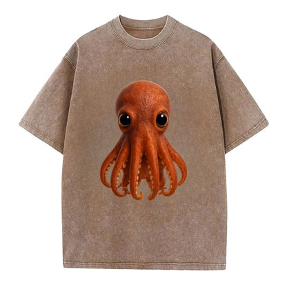 Baby Giant Pacific Octopus - reddish, smaller tentacles, expressive eyes, - Vintage T-shirt - Brown