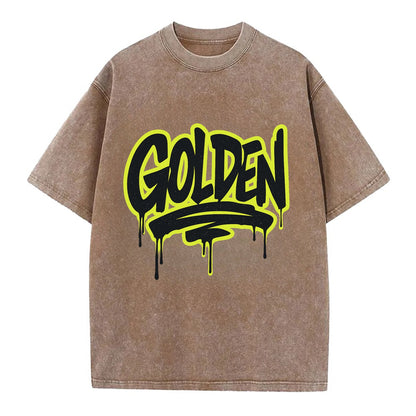 Bold typography design - "GOLDEN" - precious, valuable, excellent - Vintage T-shirt - Brown
