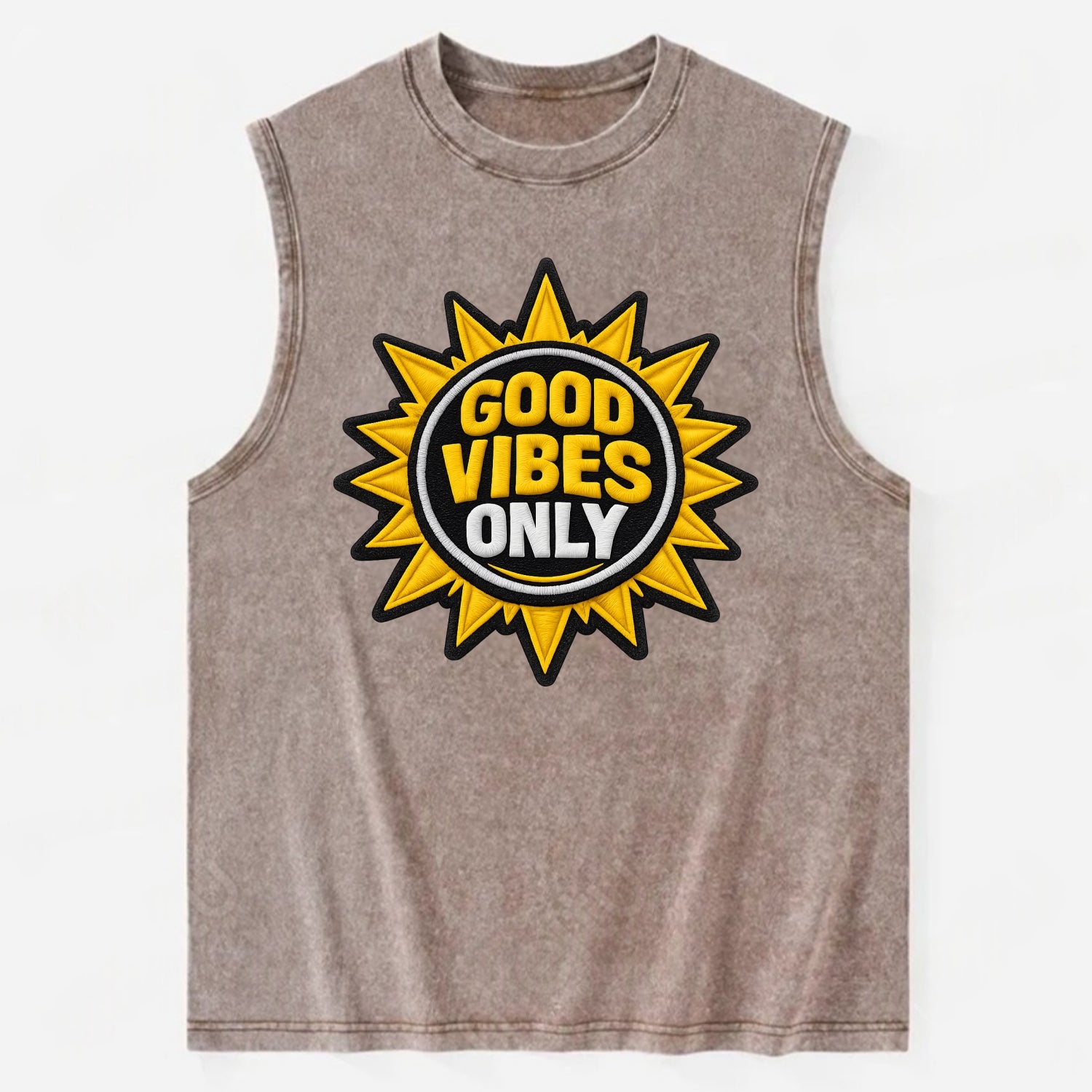 GOOD VIBES ONLY - sun with text in yellow , positive energy - Vintage Washed Tank - Brown