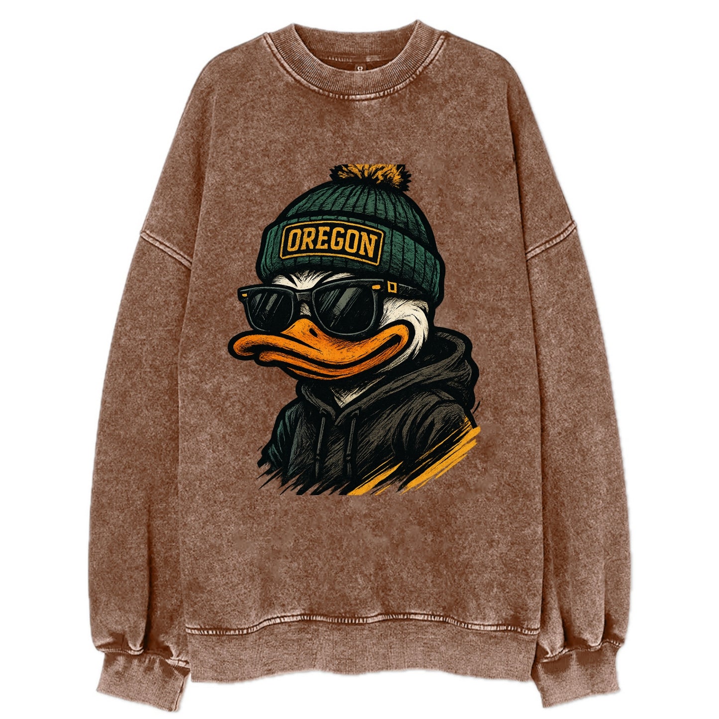 Eugene Duck wearing Oregon beanie with O patch - Vintage Sweatshirt - Brown