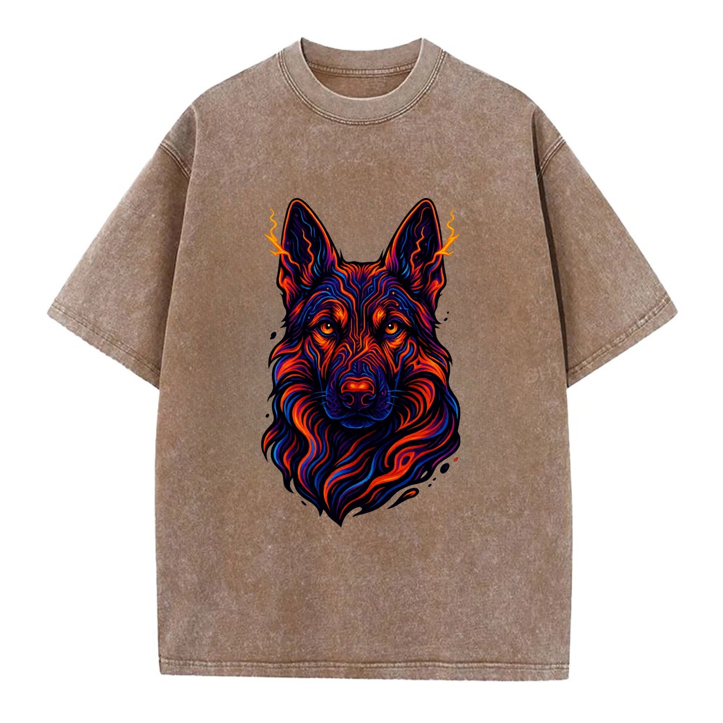 Alert German Shepherd with cyber circuit patterns in the fur, neon orange and - Vintage T-shirt - Brown