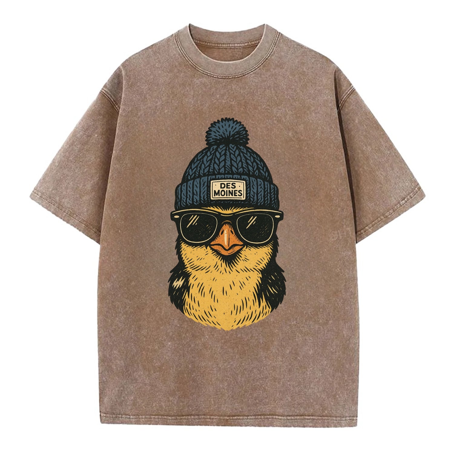 Iowa Goldfinch wearing Des Moines beanie with pom pom and wayfarer sunglasses - Vintage T-shirt - Brown