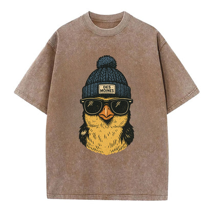 Iowa Goldfinch wearing Des Moines beanie with pom pom and wayfarer sunglasses - Vintage T-shirt - Brown
